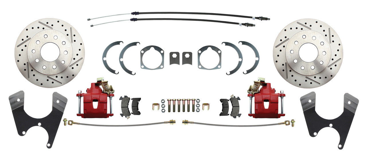 1955-1968 GM Full Size 10/12 Bolt Rear End Disc Brake Kit WITH RED CALIPERS -STAGGERED REAR SHOCKS