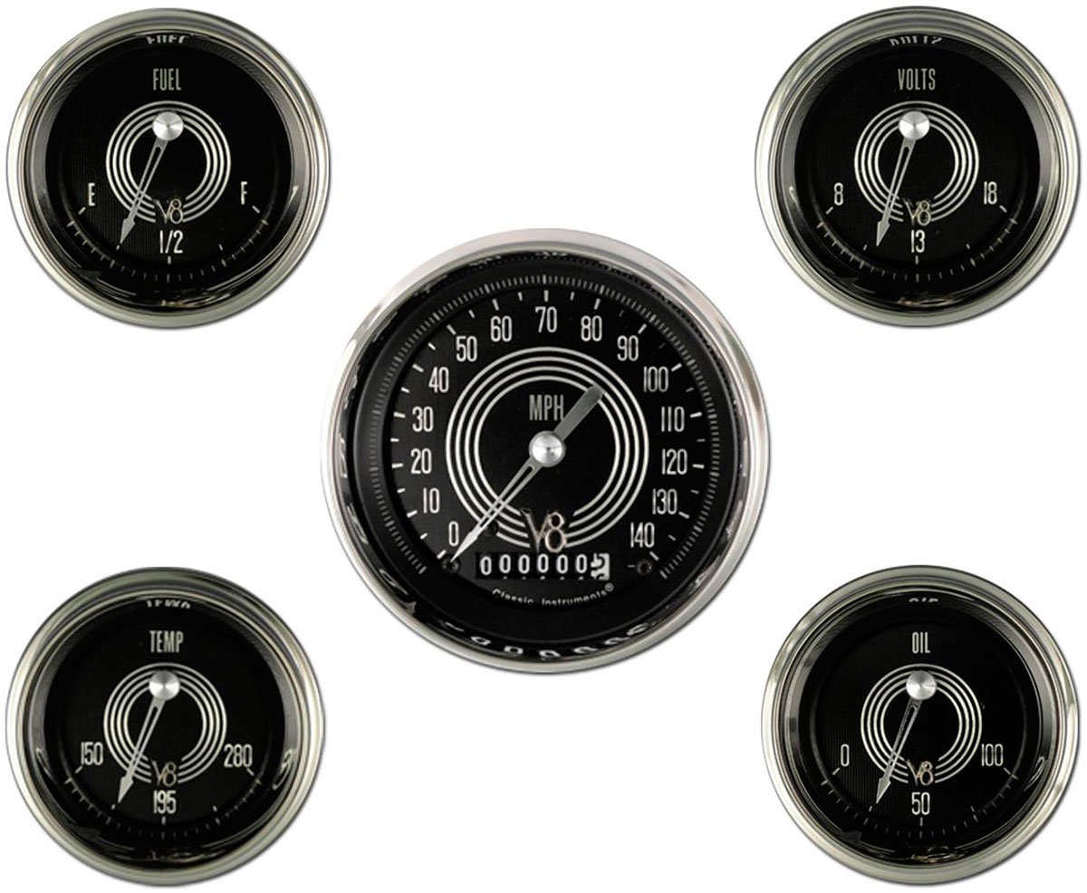 V8 Speedster 5 Gauge Set, Curved Glass
Includes 3-3/8" KPH Speedo, 2-1/8" Oil Pressure, Water Temp, Fuel Level, Voltmeter