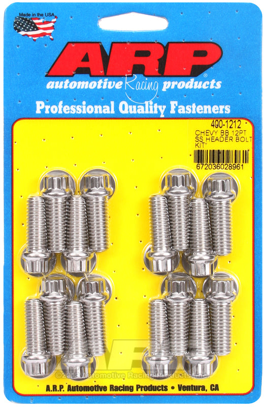 EXHAUST HEADER BOLT KIT, 12-Point S/S fits BBC 3/8" X 1.000" UHL (16 Pack)