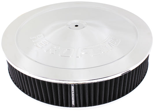 Chrome Air Filter Assembly
14" x 3", 5-1/8" neck, 1-1/8" Drop base , black washable cotton element