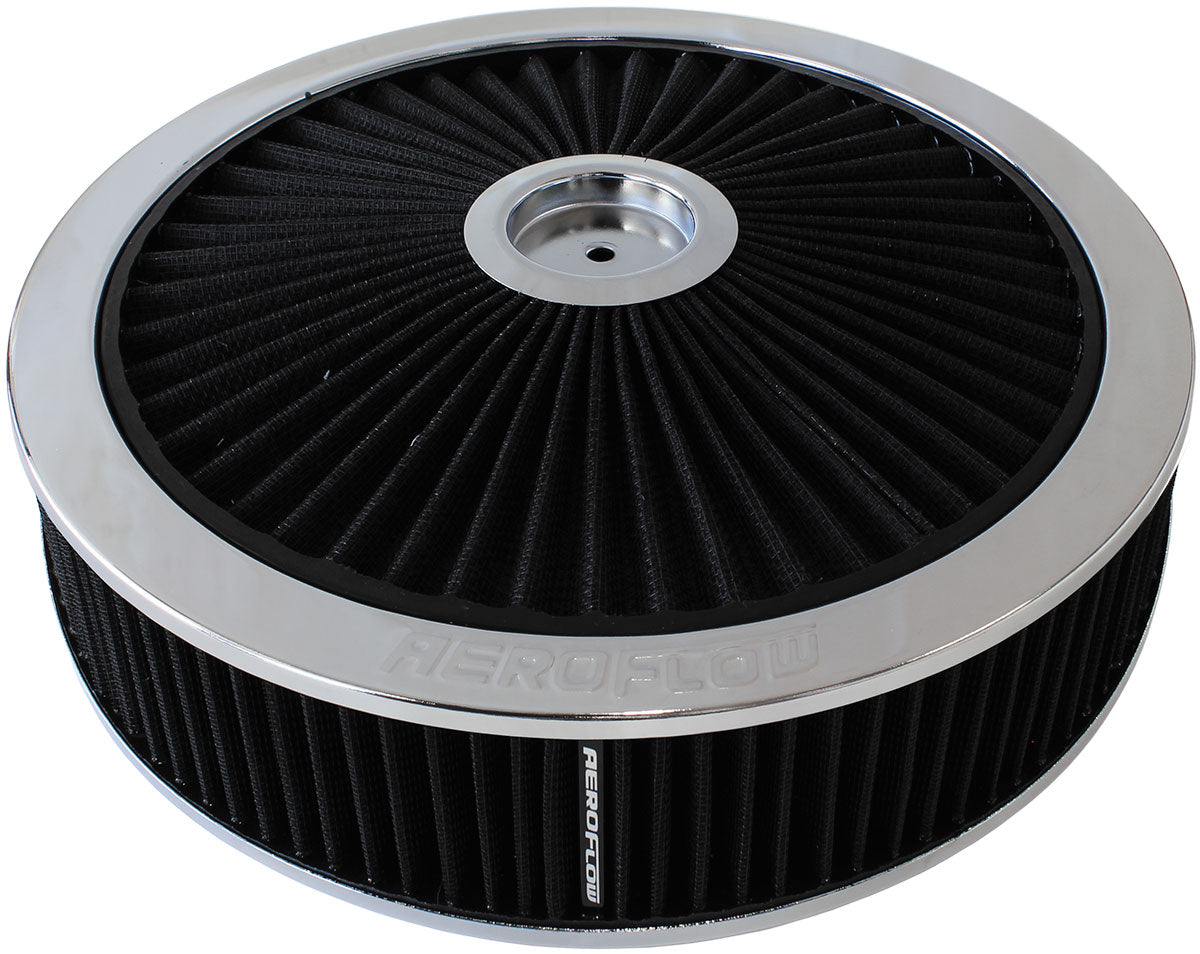 14" x 5" Full Flow Air Filter Assembly,Chrome
1-1/8" Drop Base. Washable Cotton Element. Fits 5-1/8" Neck