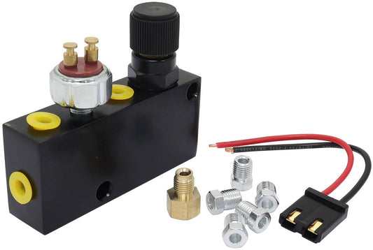 Brake Adjustable Proportioning Valve and Distribution Block
Black Finish, Brake Light Switch and 3/16" Fittings Included.