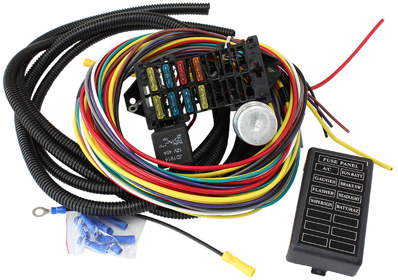 Complete Universal 8 Circuit Wiring Harness Kit
Complete with Standard Fuses & Fuse Panel