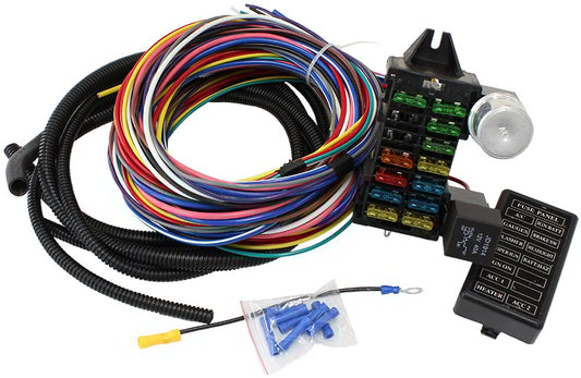 Complete Universal 12 Circuit Wiring Harness Kit
Complete with Standard Fuses & Fuse Panel