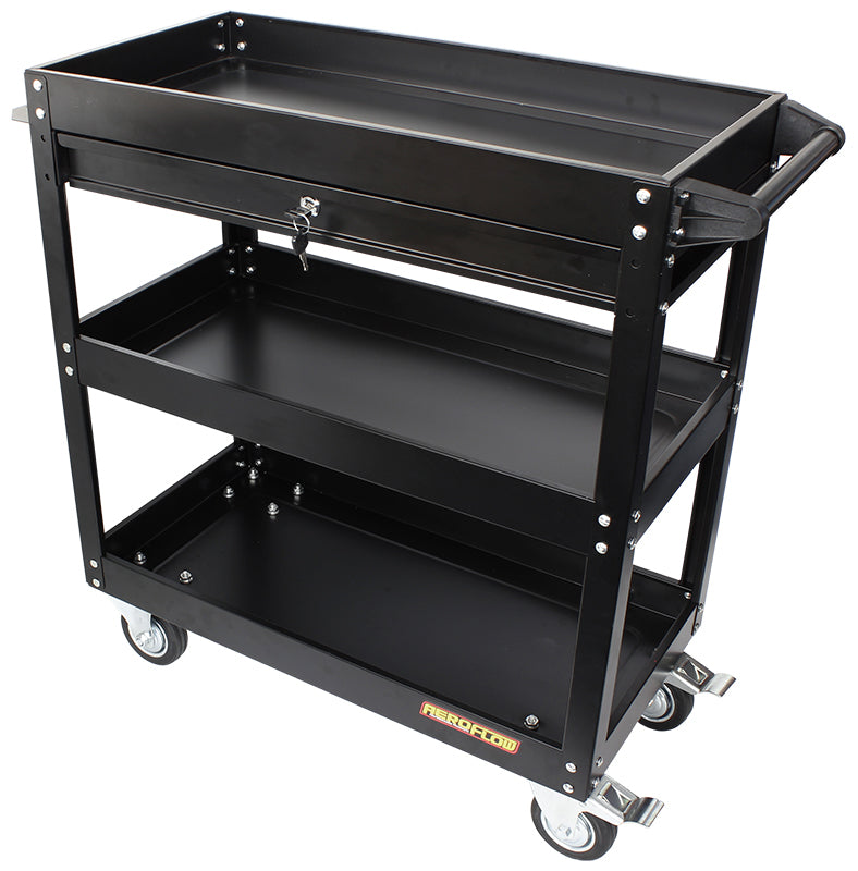 3 Tier Workshop Trolley with Lockable Drawer
Black Powder Coated Finish, Heavy Duty Wheels