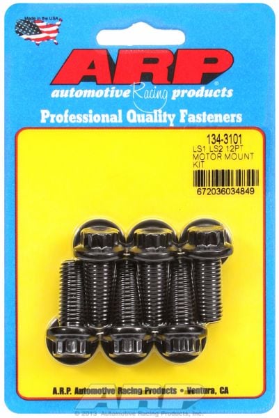 Motor Mount Bolt Kit, 12-Point Black Oxide  fits GM LS Series, Mount Bracket To Block (6-Pack)