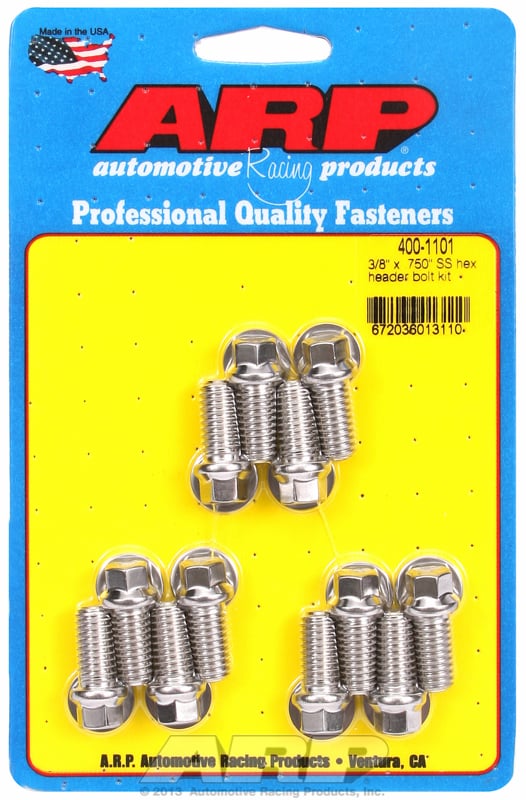 Exhaust Header Bolt Kit, Hex Head S/S   fits SB Chev 3/8" X .750" UHL (12 Pack)