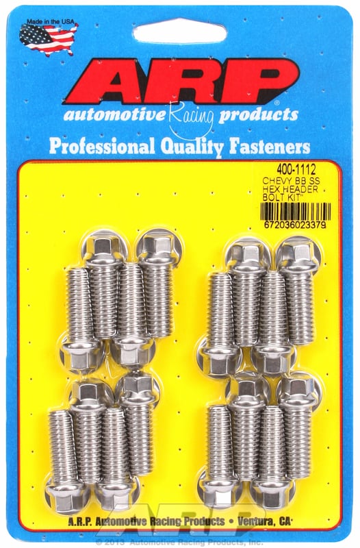 Exhaust Header Bolt Kit, Hex Head S/S   fits BB Chev 3/8" X 1.000" UHL (16 Pack)