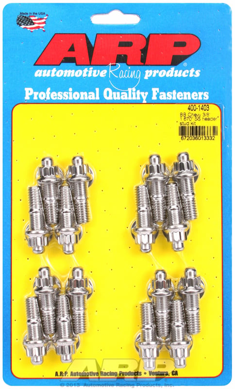 Exhaust Header Stud Kit, 12-Point S/S   fits BB Chev 3/8" Thread x 1.670" OAL (16 Pack)