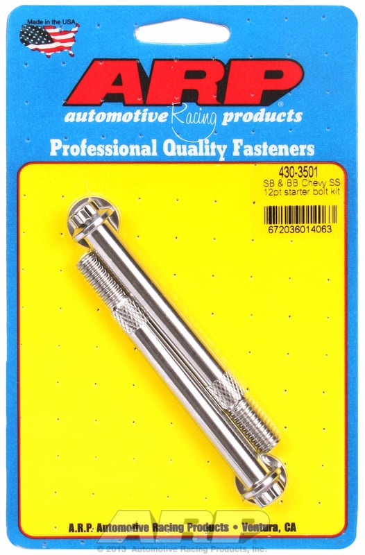 Starter Motor Bolt Kit, 12-Point Head S/S  fits SB/BB Chev With Standard & OEM High Torque Starters, 3/8-16 Thread x 3.760" UHL (2-Pack)