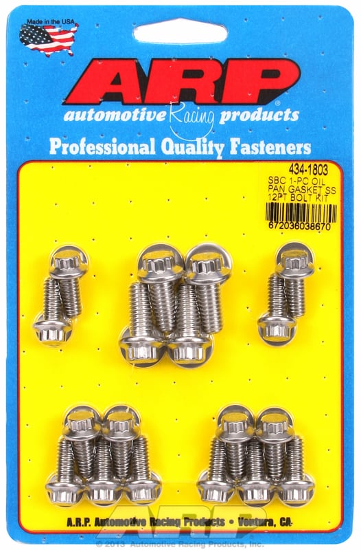 Oil Pan Bolt Kit, 12-Point S/S
fits SB Chev (With 1-Piece Rubber Gasket)