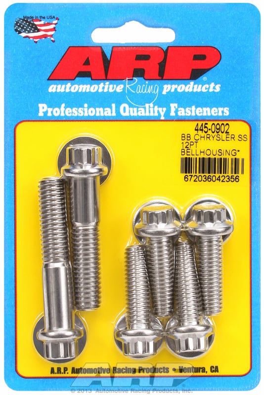 Bellhousing Bolt Kit, 12-Point S/S
fits BB Chrysler 383-440 Wedge 3/8-16 & 7/16-14 Thread x 1.375"/2.000"/2.250" UHL