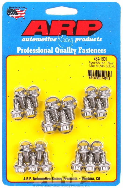 Oil Pan Bolt Kit, 12-Point S/S
fits SB Ford 283-302-351 Windsor & 302-351 Cleveland