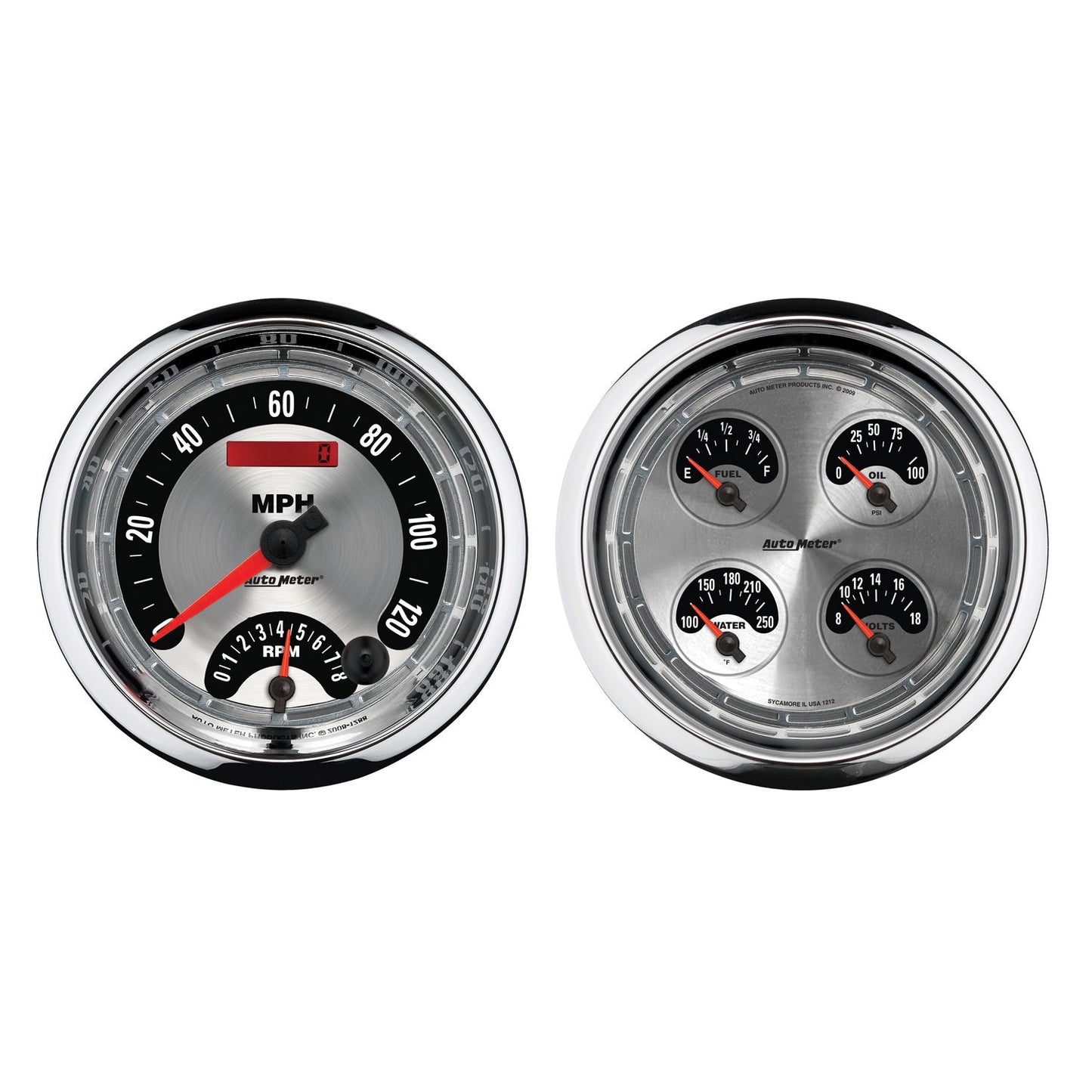 American Muscle 5" Quad Gauge & Tach/Speedo Combo Kit
Speedometer, Tachometer, Fuel Level, Water Temperature, Oil Pressure, Voltmeter