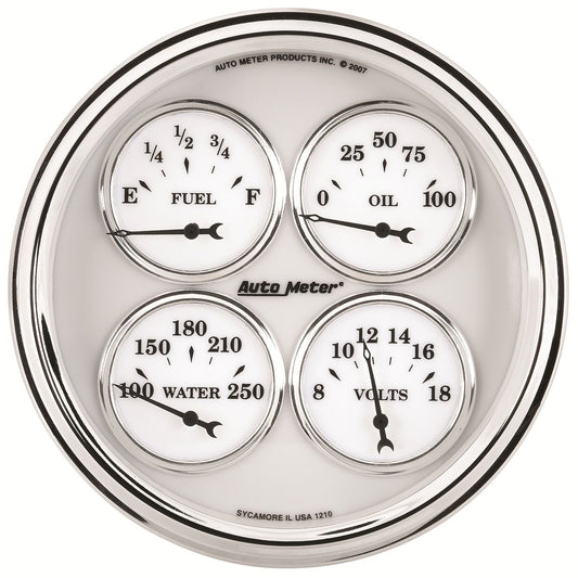 Old Tyme White II Quad Gauge
5", Short Sweep Electric, Fuel Level, Water Temperature, Oil Pressure, Voltmeter