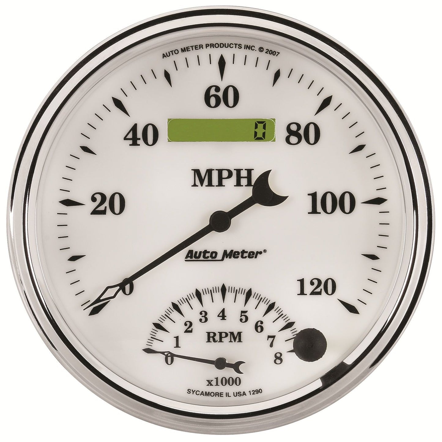 Old Tyme White II Tach Speedo Combo
5", In-Dash, Electric, 0-120 mph, 0-8,000 rpm