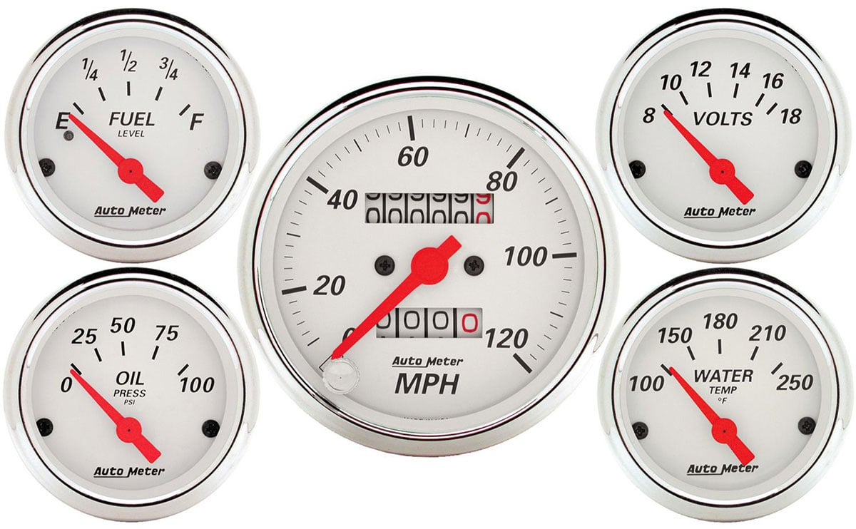 Arctic White Series 5-Gauge Kit  Mechanical Speedometer, Fuel Level, Water Temperature, Oil Pressure, Voltmeter