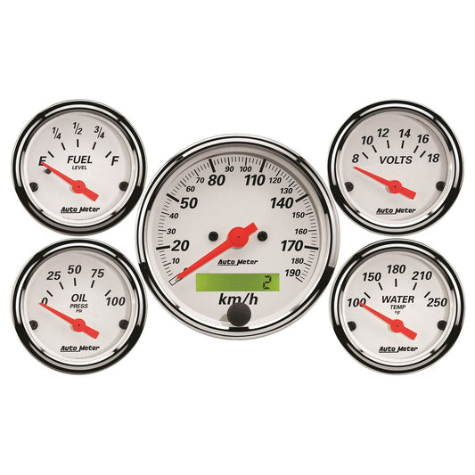 Arctic White 5 Gauge Kit  3-1/8" Metric Elect Speedo, 2-1/16"; Water Temp, Oil Press, Fuel Level, Volts