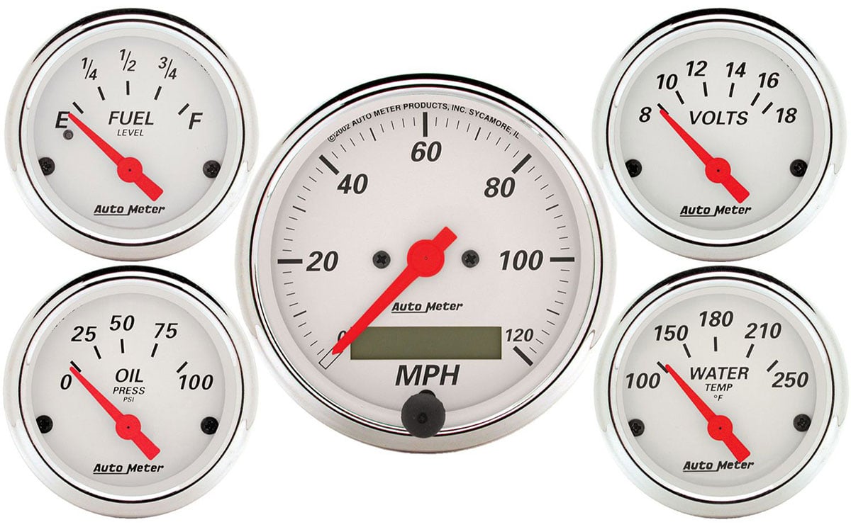 Arctic White Series 5-Gauge Kit
Electric Speedometer, Fuel Level, Water Temperature, Oil Pressure, Voltmeter