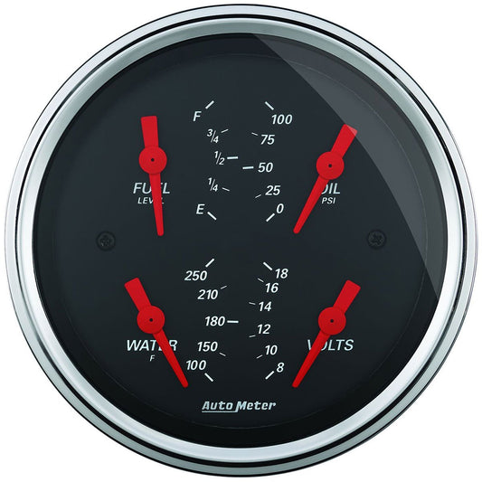 Designer Black Series 3-3/8" Quad Gauge
Fuel Level, Oil Pressure, Water Temp and Volts