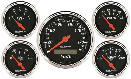 Designer Black Series 5 Gauge Kit 3-1/8" Metric Elect Speedo, 2-1/16"; Water Temp, Oil Press, Fuel Level, Volts