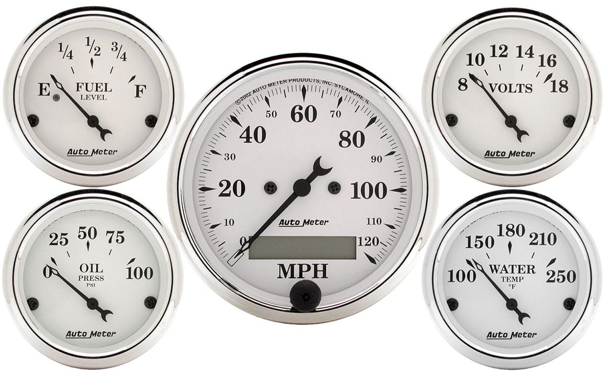 Old Tyme White Series 5-Gauge Kit
Electric Speedometer, Fuel Level, Water Temperature, Oil Pressure, Voltmeter