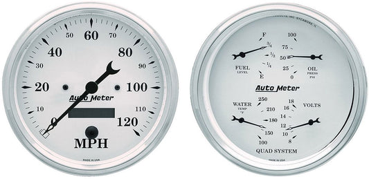 Old Tyme White Quad Gauge/Speedometer Kit
5", Speedometer, Fuel Level, Water Temperature, Oil Pressure, Voltmeter