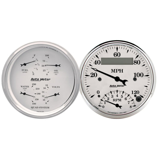 Old Tyme White Quad Gauge Tach/Speedometer  3-3/8', Tacho/Speedo, Fuel Level, Water Temperature, Oil Pressure, Voltmeter