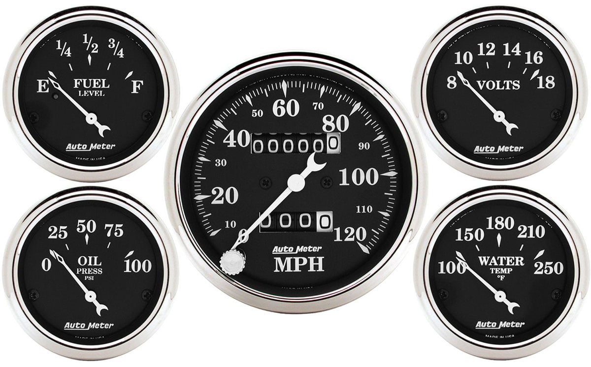 Old Tyme Black Series 5-Gauge Kit  Mechanical Speedometer, Fuel Level, Water Temperature, Oil Pressure, Voltmeter