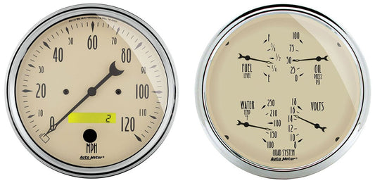 Antique Beige Quad Gauge/Speedometer Kit
5", Speedometer, Fuel Level, Water Temperature, Oil Pressure, Voltmeter