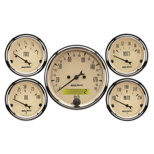 Antique Beige 5 Gauge Kit  3-1/8" Metric Elect Speedo, 2-1/16"; Water Temp, Oil Press, Fuel Level, Volts