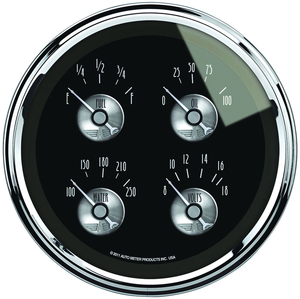 Prestige Series - Black Diamond Quad Gauge
5", Short Sweep Electric, Fuel Level, Water Temperature, Oil Pressure, Voltmeter