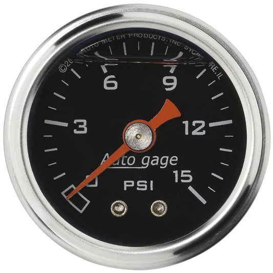 Auto gage Series Fuel Pressure Gauge  1-1/2", Full sweep Mechanical, Black Dial Face, 0-15 psi