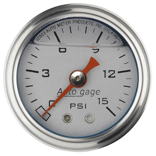 Auto gage Series Fuel Pressure Gauge  1-1/2", Full sweep Mechanical, Silver Dial Face, 0-15 psi