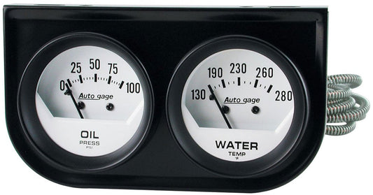 Auto gage Two-Gauge Console 2-1/16", Mechanical, White Dial, Oil Press, 0-100 psi, Water Temp 130-280°F