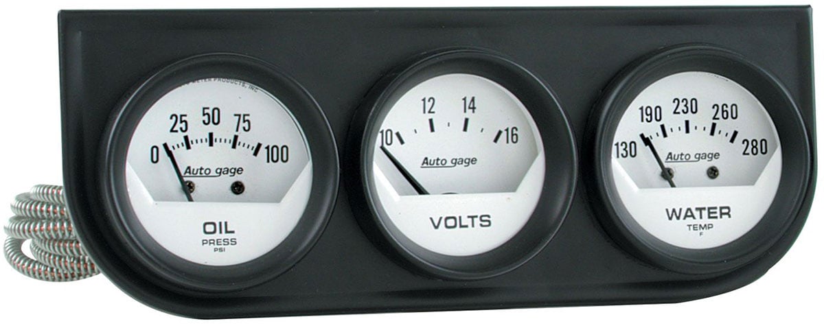 Auto gage Three-Gauge Console
2-1/16", Mechanical, White Dial, Oil Pressure, Water Temperature, Voltmeter