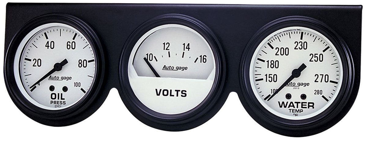 Auto gage Three-Gauge Console
2-5/8", Mechanical, White Dial, Oil Pressure, Water Temperature, Voltmeter