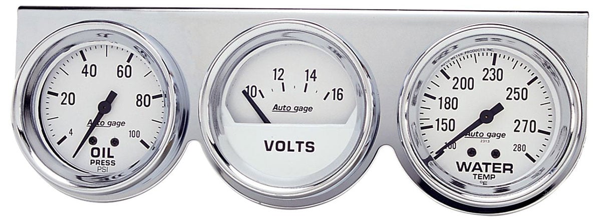 Auto gage Three-Gauge Chrome Console  2-5/8", Mechanical, White Dial, Oil Pressure, Water Temperature, Voltmeter