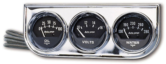 Auto gage Three-Gauge Console 2-1/16", Mechanical, Oil Pressure, Water Temperature, Voltmeter, Chrome Console