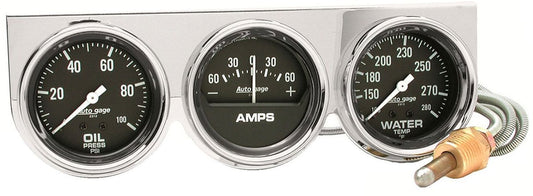 Auto gage Three-Gauge Chrome Console  2-5/8", Mechanical, Oil Pressure, Water Temperature, Ammeter