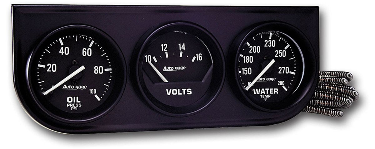 Auto gage Three-Gauge Console
2-1/16", Mechanical, Oil Pressure, Water Temperature, Voltmeter