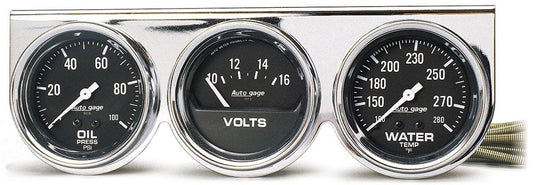 Auto gage Three-Gauge Chrome Console  2-5/8", Mechanical, Oil Pressure, Water Temperature, Voltmeter