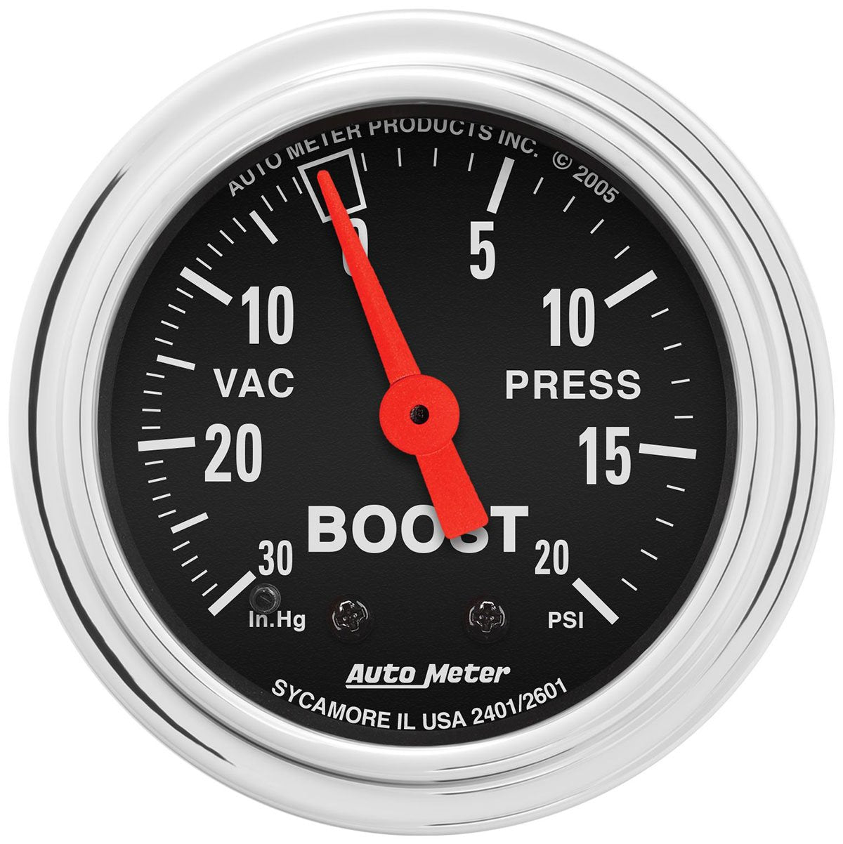 Traditional Chrome Series Boost/Vacuum Gauge  2-1/16", Full Sweep Mechanical, 30 In. Hg.-Vac/20 psi