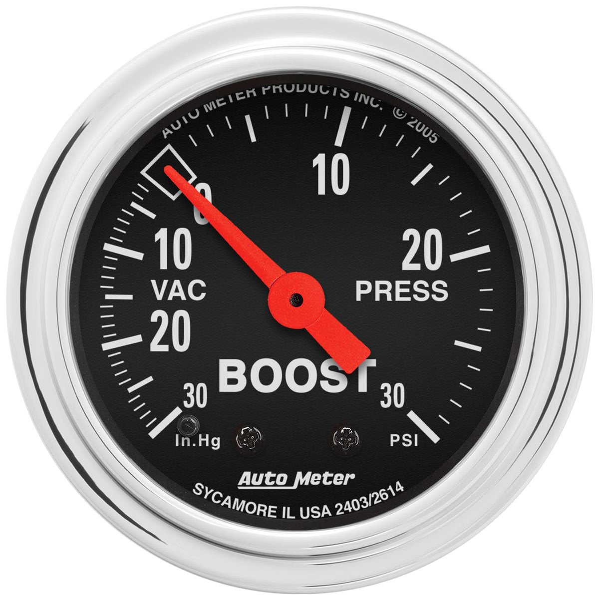 Traditional Chrome Series Boost/Vacuum Gauge  2-1/16", Full Sweep Mechanical, 30 In. Hg.-Vac/30 psi