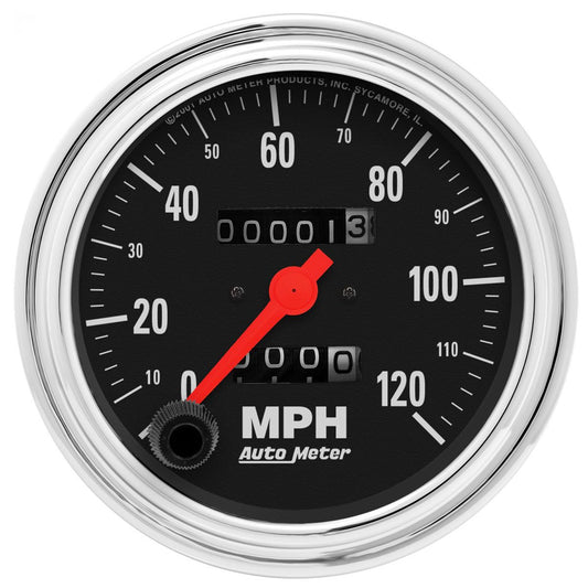 Traditional Chrome Speedometer
3-3/8", In-Dash, Mechanical, 0-120 mph