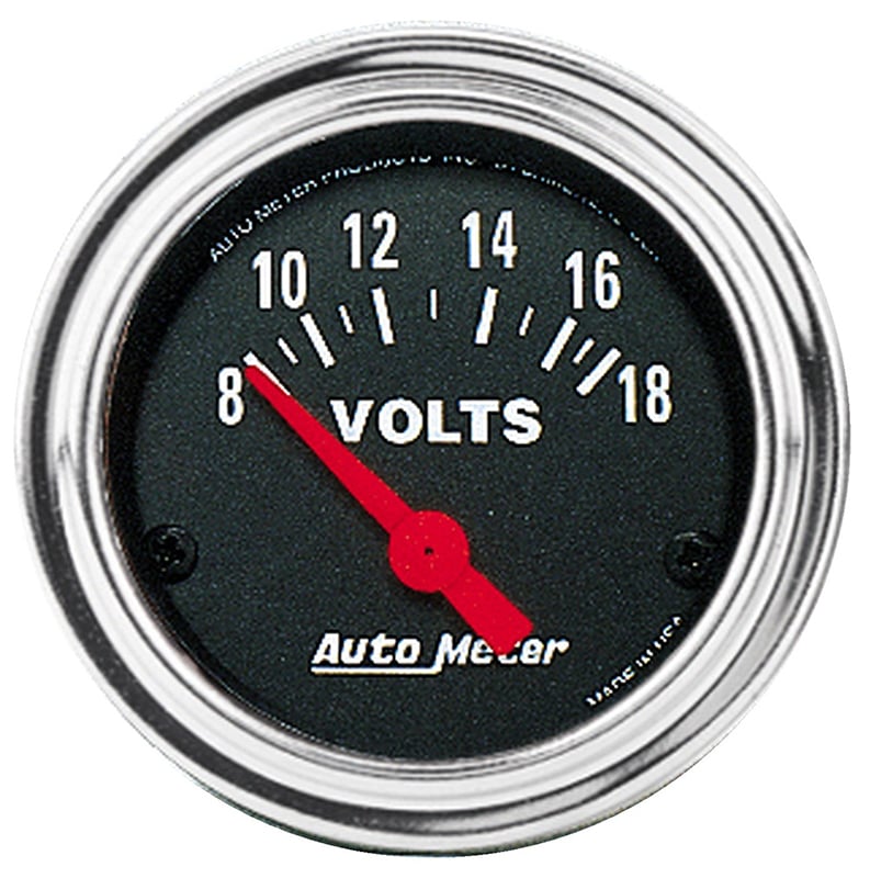 Traditional Chrome Series Voltmeter Gauge  2-1/16", Short Sweep Electric, 8-18 volts