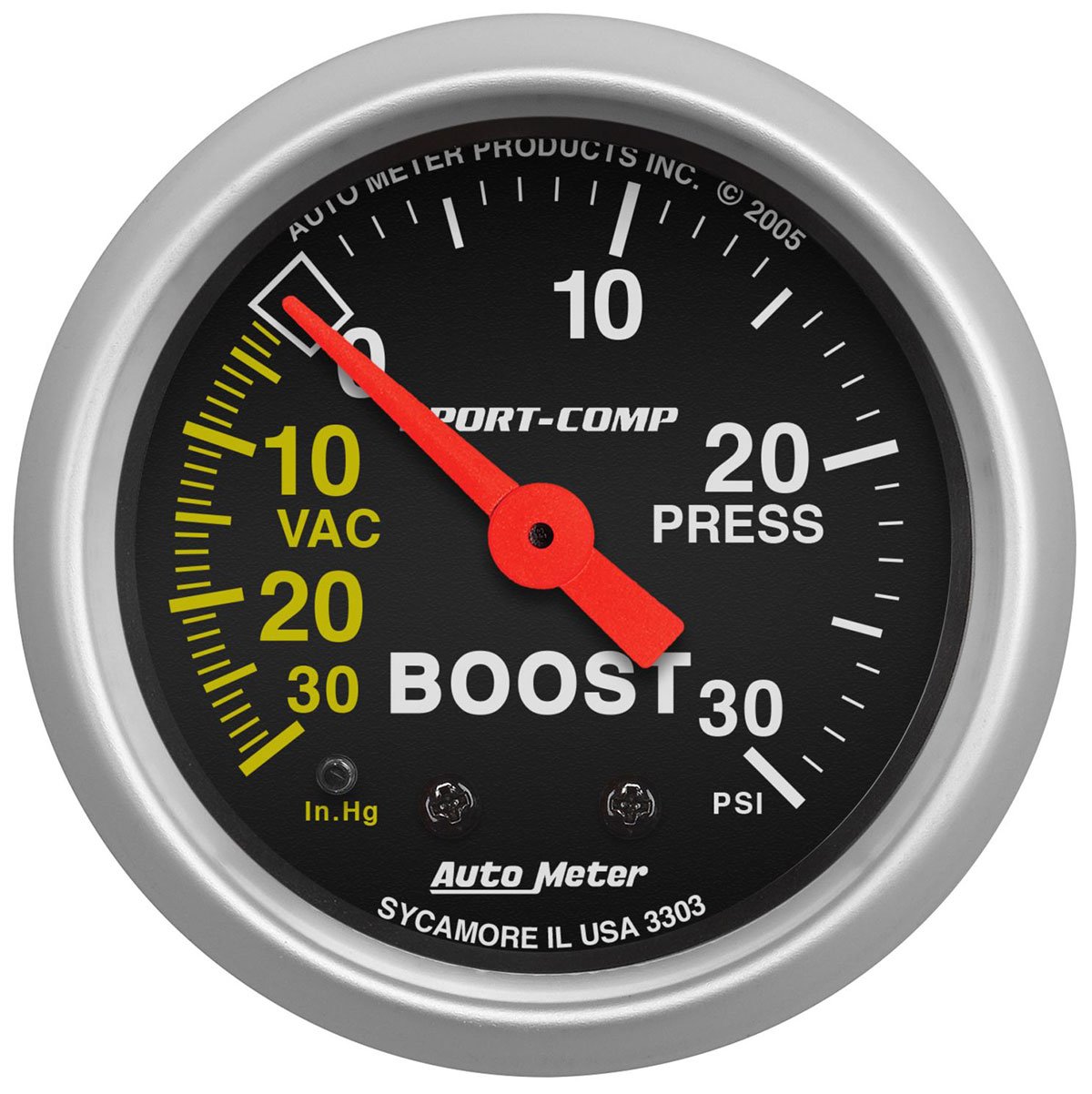 Sport-Comp Series Boost/Vacuum Gauge  2-1/16", Full Sweep Mechanical, 30 In. Hg./30 psi