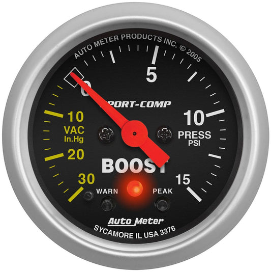 Sport-Comp Series Boost/Vacuum Gauge  2-1/16", Full Sweep Electric, Peak Memory and Warning, 30 In Hg./15 psi