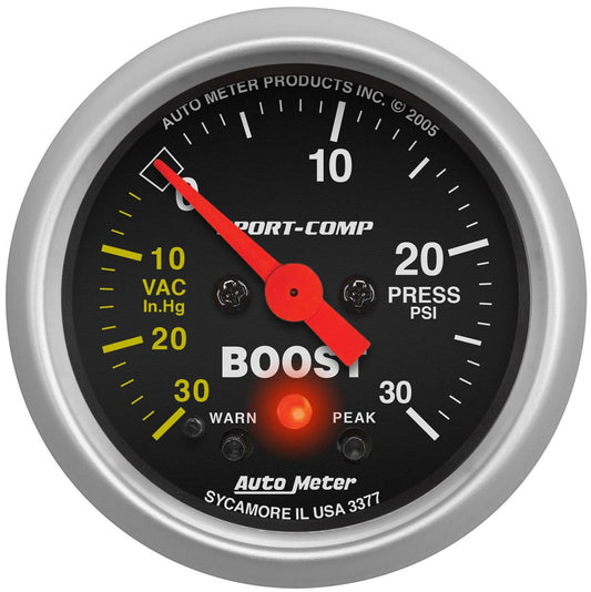 Sport-Comp Series Boost/Vacuum Gauge  2-1/16", Full Sweep Electric, Peak Memory and Warning, 30 In Hg./30 psi