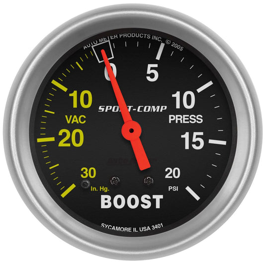 Sport-Comp Series Boost/Vacuum Gauge  2-5/8", Full Sweep Mechanical, 30 In. Hg./20 psi